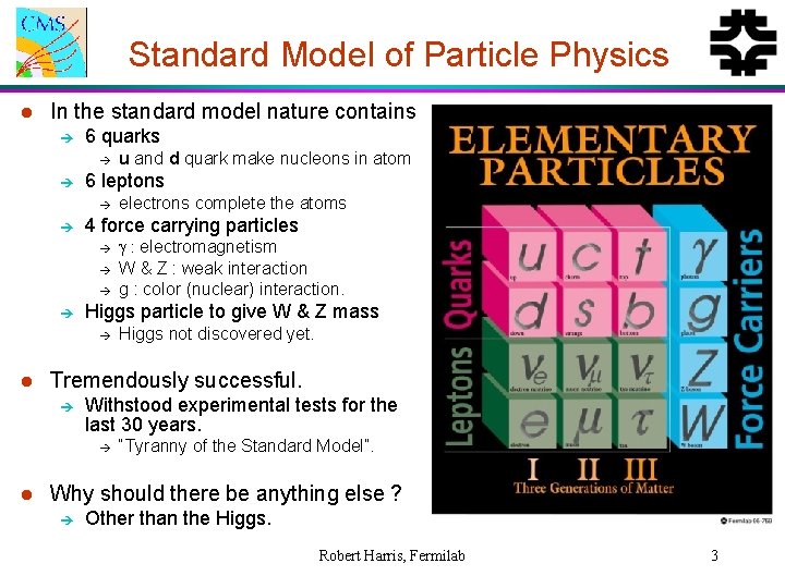 Standard Model of Particle Physics l In the standard model nature contains è 6