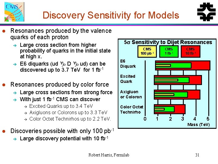 Discovery Sensitivity for Models l Resonances produced by the valence quarks of each proton