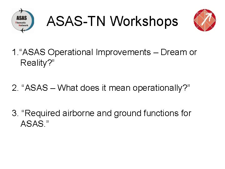 ASAS-TN Workshops 1. “ASAS Operational Improvements – Dream or Reality? ” 2. “ASAS –