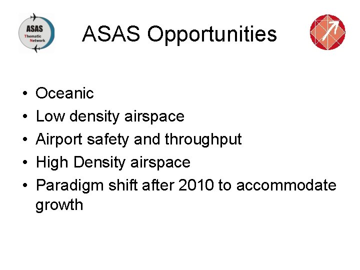 ASAS Opportunities • • • Oceanic Low density airspace Airport safety and throughput High