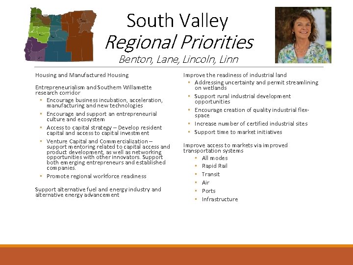 South Valley Regional Priorities Benton, Lane, Lincoln, Linn Housing and Manufactured Housing Entrepreneurialism and
