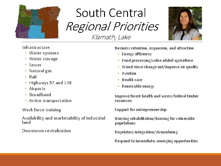 South Central Regional Priorities Klamath, Lake Infrastructure ◦ Water systems ◦ Water storage ◦