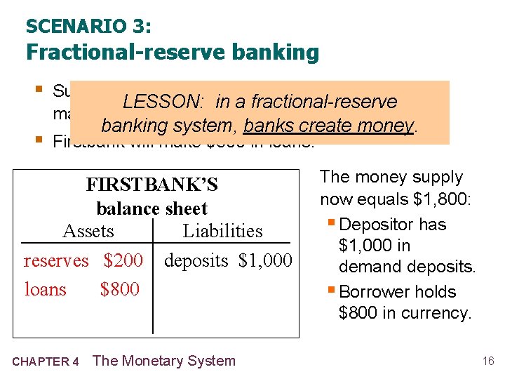 SCENARIO 3: Fractional-reserve banking § Suppose banks hold 20% of deposits in reserve, LESSON: SCENARIO 3: Fractional-reserve banking § Suppose banks hold 20% of deposits in reserve, LESSON: