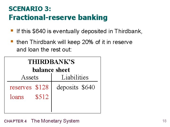 SCENARIO 3: Fractional-reserve banking § If this $640 is eventually deposited in Thirdbank, § SCENARIO 3: Fractional-reserve banking § If this $640 is eventually deposited in Thirdbank, §