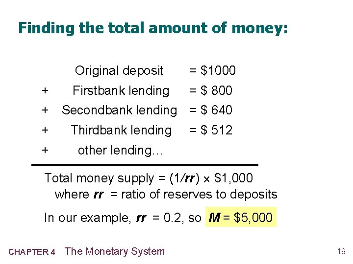 Finding the total amount of money: + Original deposit = $1000 Firstbank lending = Finding the total amount of money: + Original deposit = $1000 Firstbank lending =