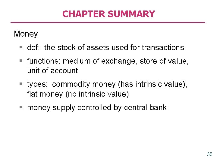 CHAPTER SUMMARY Money § def: the stock of assets used for transactions § functions: CHAPTER SUMMARY Money § def: the stock of assets used for transactions § functions: