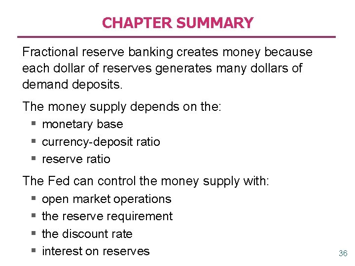CHAPTER SUMMARY Fractional reserve banking creates money because each dollar of reserves generates many CHAPTER SUMMARY Fractional reserve banking creates money because each dollar of reserves generates many