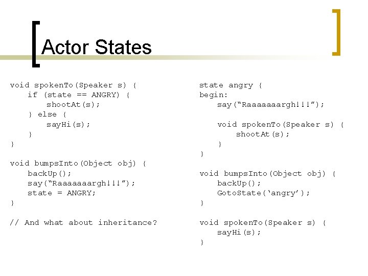 Actor States void spoken. To(Speaker s) { if (state == ANGRY) { shoot. At(s);