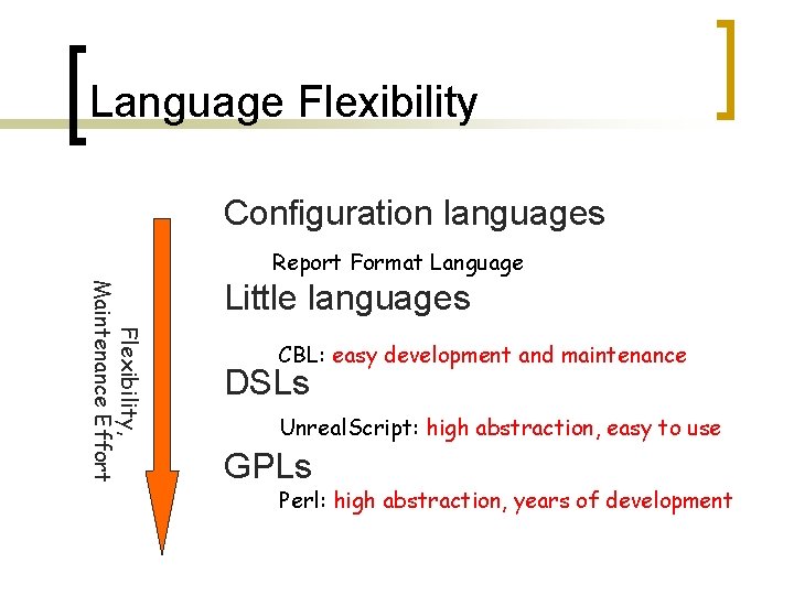 Language Flexibility Configuration languages Report Format Language Flexibility, Maintenance Effort Little languages CBL: easy