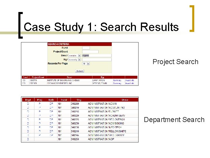 Case Study 1: Search Results Project Search Department Search 