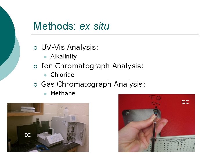 Methods: ex situ ¡ UV-Vis Analysis: l ¡ Ion Chromatograph Analysis: l ¡ Alkalinity
