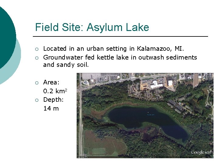 Field Site: Asylum Lake ¡ ¡ Located in an urban setting in Kalamazoo, MI.