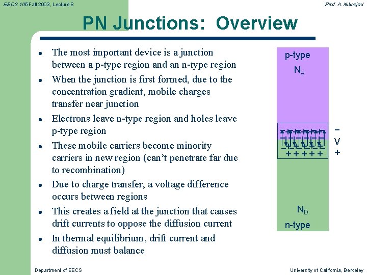 EECS 105 Fall 2003, Lecture 8 Prof. A. Niknejad PN Junctions: Overview l l EECS 105 Fall 2003, Lecture 8 Prof. A. Niknejad PN Junctions: Overview l l