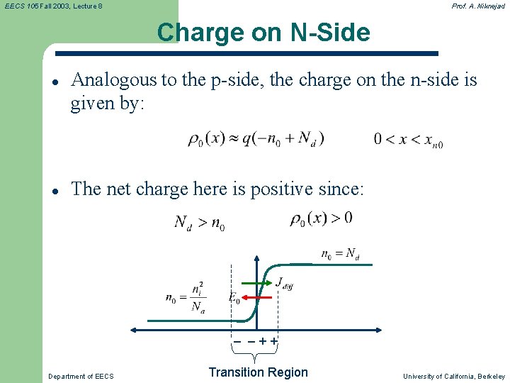 EECS 105 Fall 2003, Lecture 8 Prof. A. Niknejad Charge on N-Side l l EECS 105 Fall 2003, Lecture 8 Prof. A. Niknejad Charge on N-Side l l