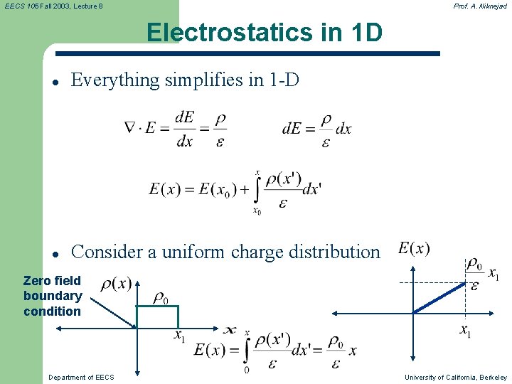 EECS 105 Fall 2003, Lecture 8 Prof. A. Niknejad Electrostatics in 1 D l EECS 105 Fall 2003, Lecture 8 Prof. A. Niknejad Electrostatics in 1 D l