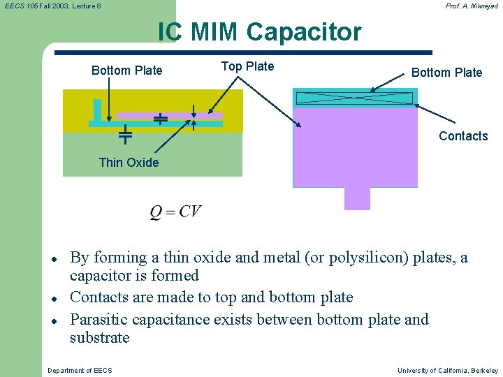EECS 105 Fall 2003, Lecture 8 Prof. A. Niknejad IC MIM Capacitor Bottom Plate EECS 105 Fall 2003, Lecture 8 Prof. A. Niknejad IC MIM Capacitor Bottom Plate