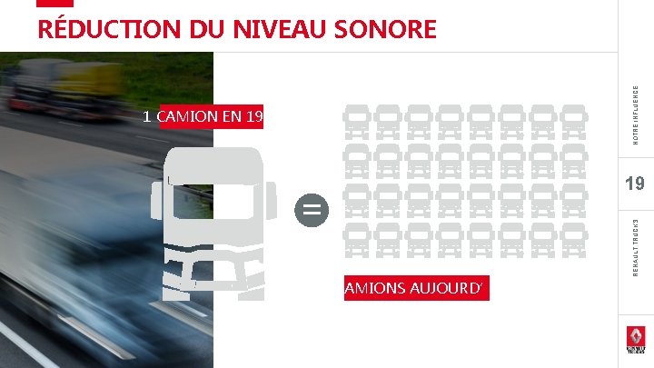 NOTRE INFLUENCE RÉDUCTION DU NIVEAU SONORE = 32 CAMIONS AUJOURD’HUI 19 RENAULT TRUCKS 1