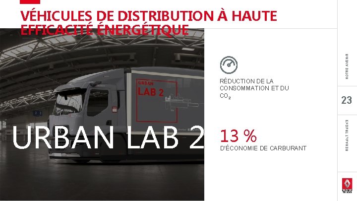 URBAN LAB 2 13 % D’ÉCONOMIE DE CARBURANT 23 RENAULT TRUCKS RÉDUCTION DE LA