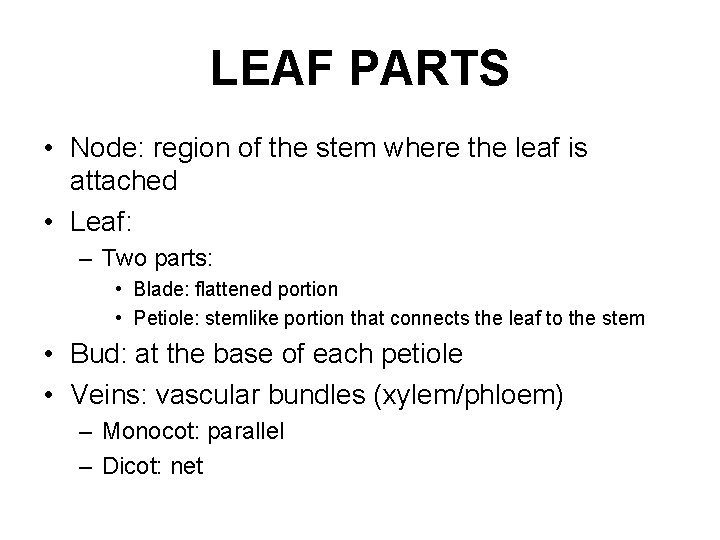 LEAF PARTS • Node: region of the stem where the leaf is attached •