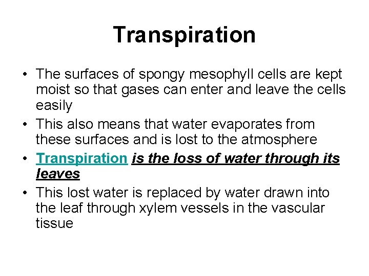 Transpiration • The surfaces of spongy mesophyll cells are kept moist so that gases