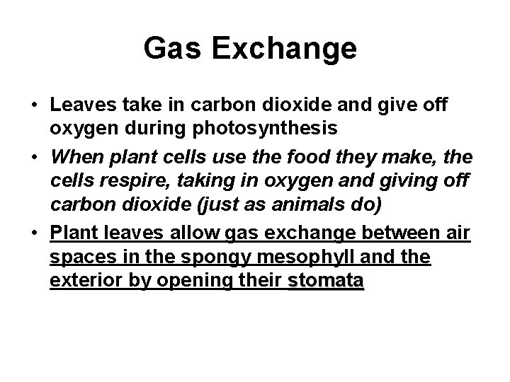 Gas Exchange • Leaves take in carbon dioxide and give off oxygen during photosynthesis