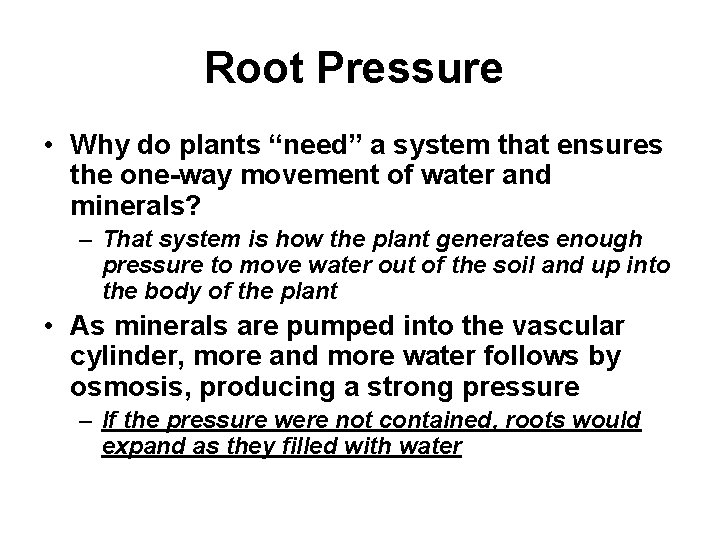 Root Pressure • Why do plants “need” a system that ensures the one-way movement