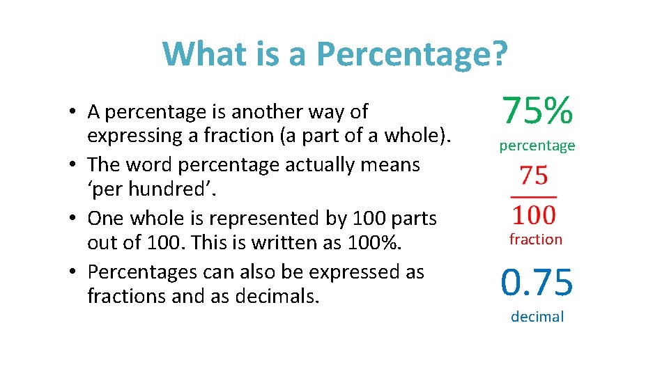 What is a Percentage? • A percentage is another way of expressing a fraction