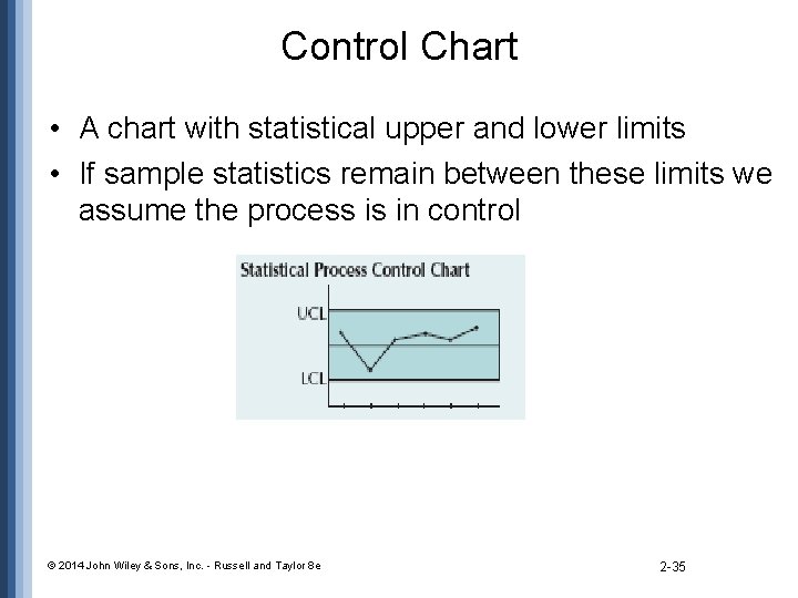 Control Chart • A chart with statistical upper and lower limits • If sample