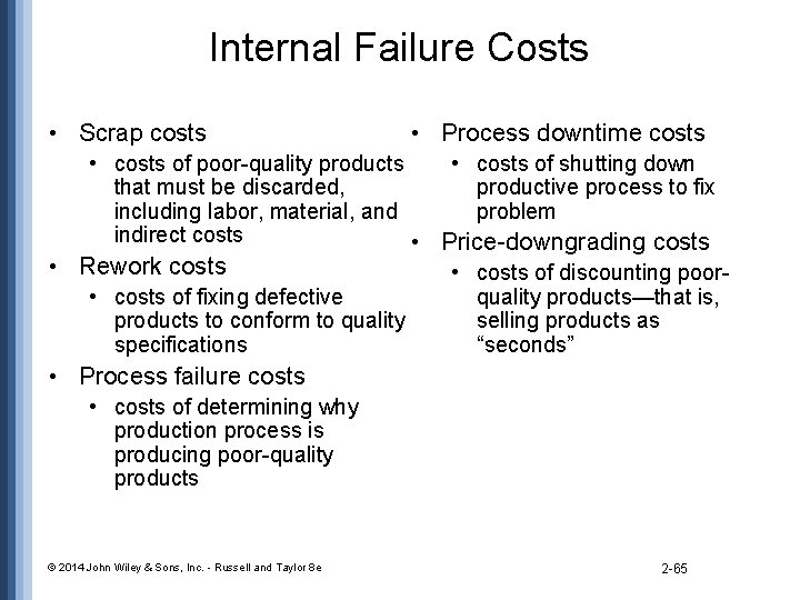 Internal Failure Costs • Scrap costs • Process downtime costs • costs of poor-quality