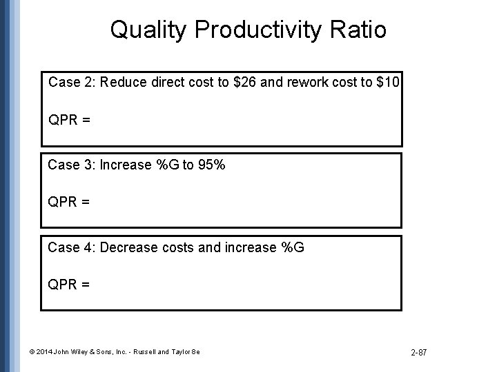 Quality Productivity Ratio Case 2: Reduce direct cost to $26 and rework cost to