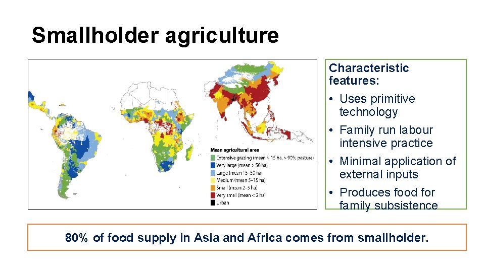 Smallholder agriculture Characteristic features: • Uses primitive technology • Family run labour intensive practice