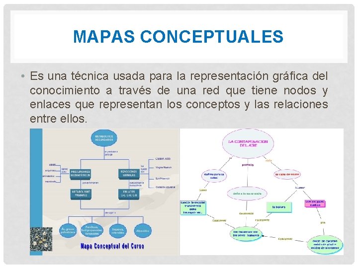 MAPAS CONCEPTUALES • Es una técnica usada para la representación gráfica del conocimiento a