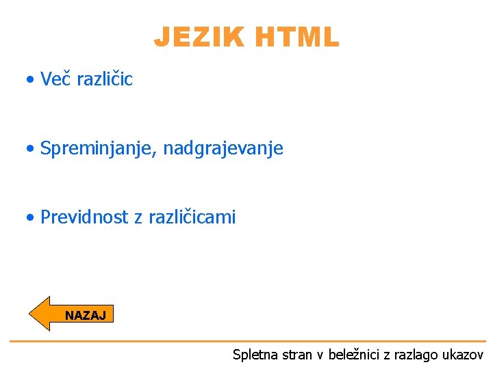 JEZIK HTML • Več različic • Spreminjanje, nadgrajevanje • Previdnost z različicami NAZAJ Spletna