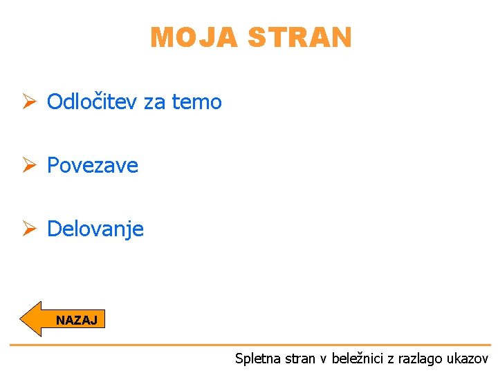 MOJA STRAN Ø Odločitev za temo Ø Povezave Ø Delovanje NAZAJ Spletna stran v