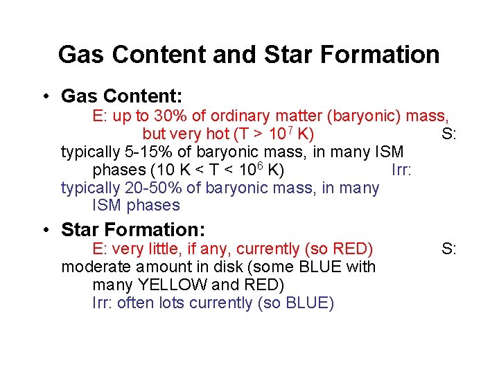 Gas Content and Star Formation • Gas Content: E: up to 30% of ordinary