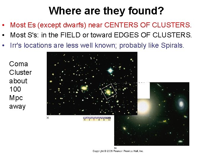 Where are they found? • Most Es (except dwarfs) near CENTERS OF CLUSTERS. •