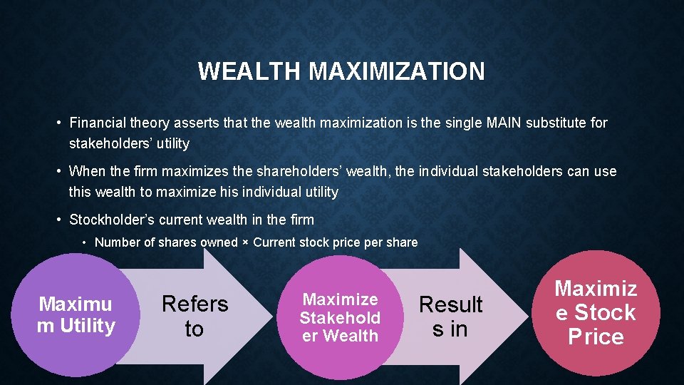 WEALTH MAXIMIZATION • Financial theory asserts that the wealth maximization is the single MAIN