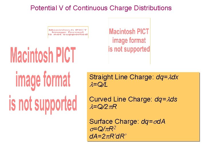 Potential V of Continuous Charge Distributions Straight Line Charge: dq= dx =Q/L Curved Line