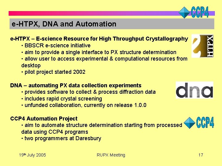 e-HTPX, DNA and Automation e-HTPX – E-science Resource for High Throughput Crystallography • BBSCR