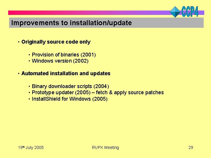 Improvements to installation/update • Originally source code only • Provision of binaries (2001) •