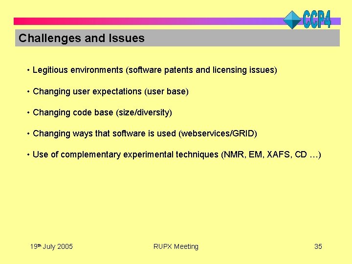 Challenges and Issues • Legitious environments (software patents and licensing issues) • Changing user