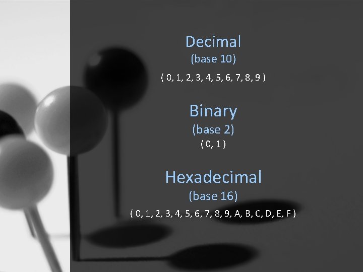 Decimal (base 10) ( 0, 1, 2, 3, 4, 5, 6, 7, 8, 9