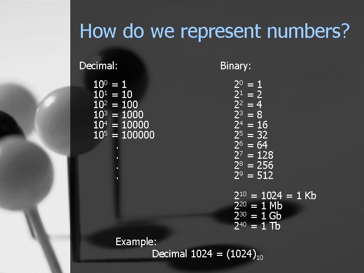 How do we represent numbers? Decimal: Binary: 100 101 102 103 104 105 20