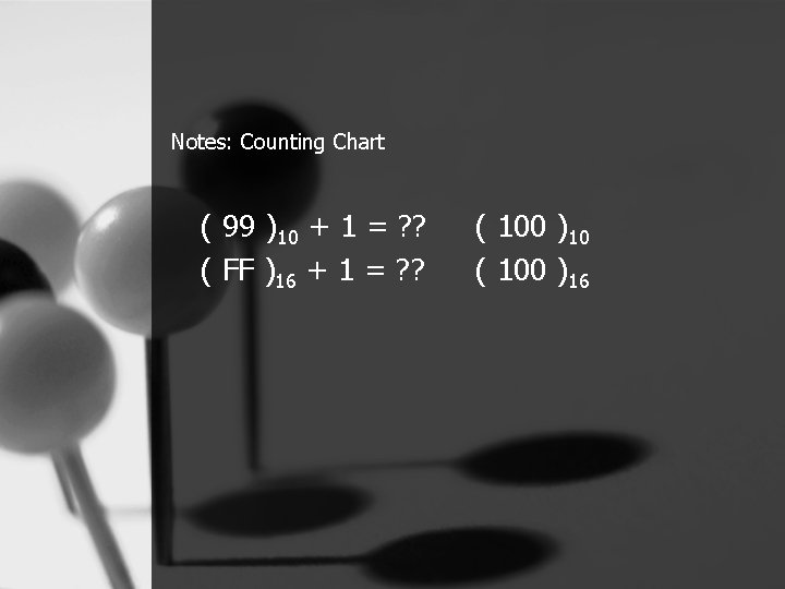 Notes: Counting Chart ( 99 )10 + 1 = ? ? ( FF )16