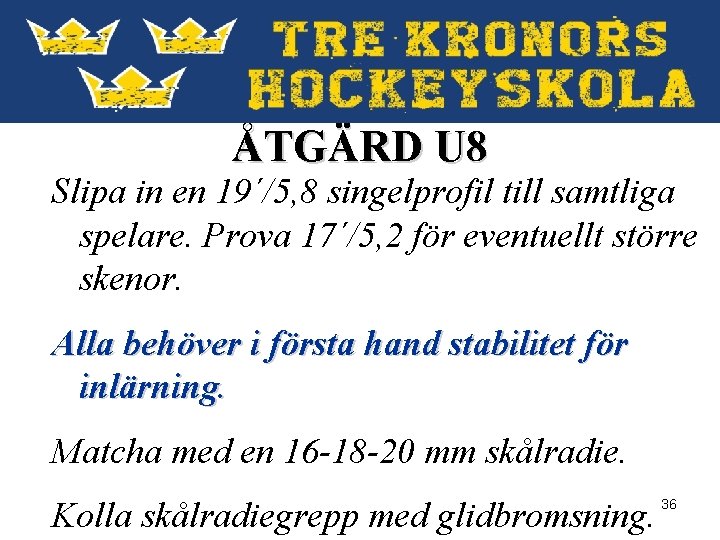 ÅTGÄRD U 8 Slipa in en 19´/5, 8 singelprofil till samtliga spelare. Prova 17´/5,