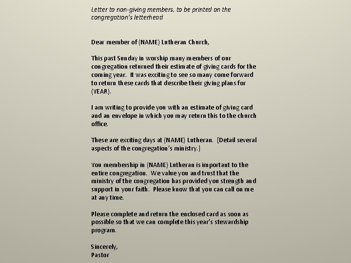 Letter to non-giving members, to be printed on the congregation’s letterhead Dear member of Letter to non-giving members, to be printed on the congregation’s letterhead Dear member of