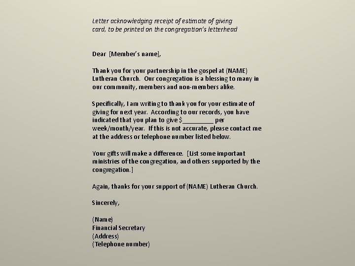 Letter acknowledging receipt of estimate of giving card, to be printed on the congregation’s Letter acknowledging receipt of estimate of giving card, to be printed on the congregation’s