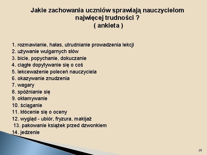 Jakie zachowania uczniów sprawiają nauczycielom najwięcej trudności ? ( ankieta ) 1. rozmawianie, hałas,