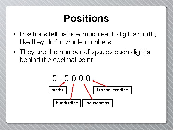 Positions • Positions tell us how much each digit is worth, like they do