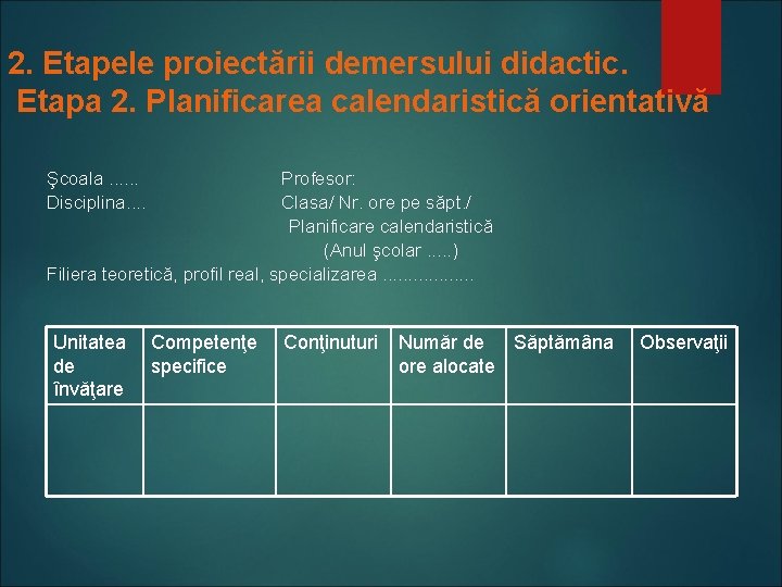 2. Etapele proiectării demersului didactic. Etapa 2. Planificarea calendaristică orientativă Şcoala. . . Disciplina.